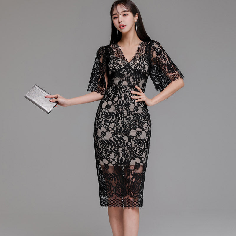 CM-DY040165 Women Elegant Seoul Style V-Neck Batwing Sleeve Slim Lace Midi Dress - Black