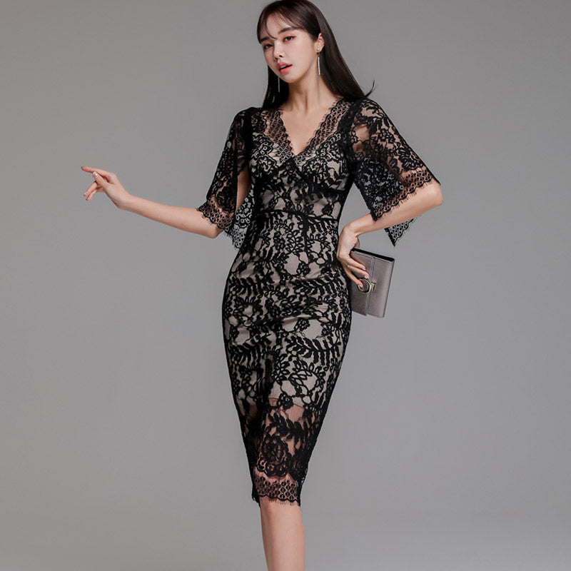CM-DY040165 Women Elegant Seoul Style V-Neck Batwing Sleeve Slim Lace Midi Dress - Black