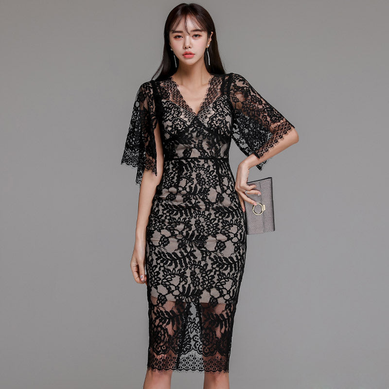 CM-DY040165 Women Elegant Seoul Style V-Neck Batwing Sleeve Slim Lace Midi Dress - Black