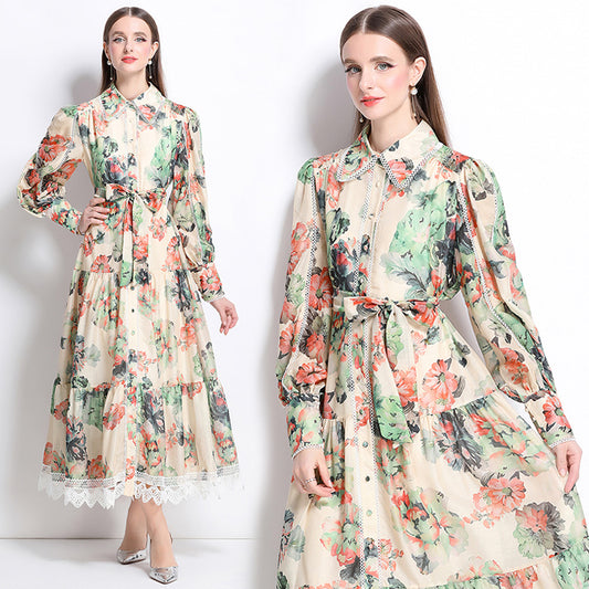 CM-DY040217 Women Elegant European Style Lapel Neckline Long Sleeve Floral Print Maxi Dress