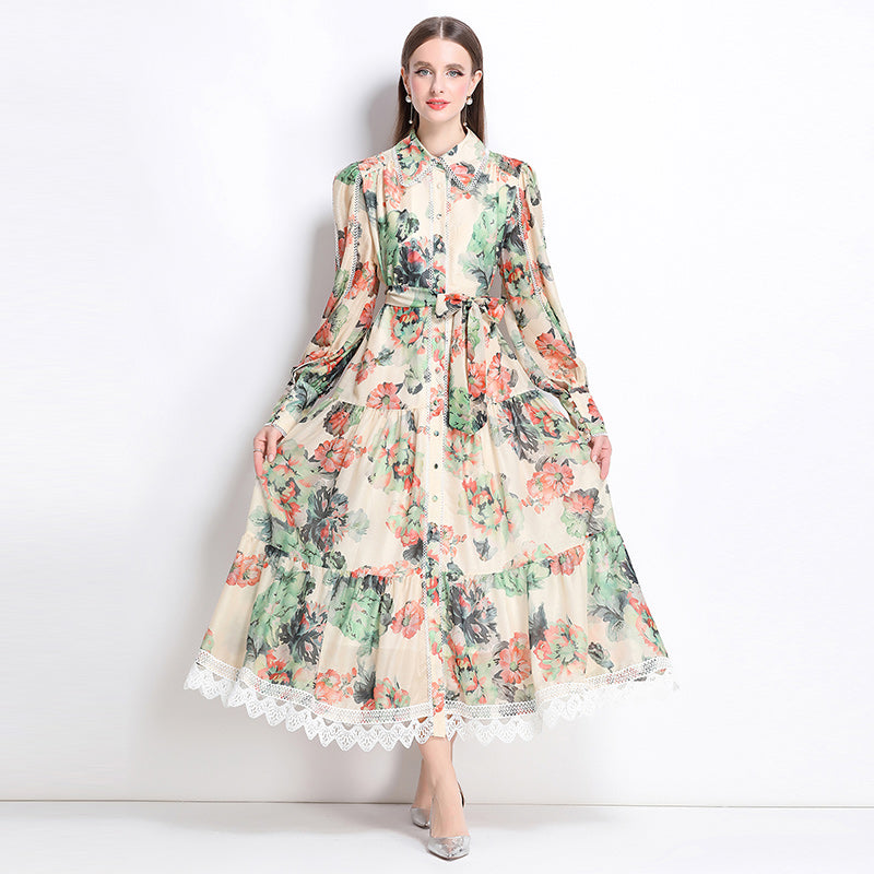 CM-DY040217 Women Elegant European Style Lapel Neckline Long Sleeve Floral Print Maxi Dress