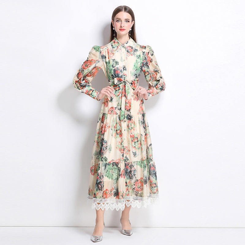 CM-DY040217 Women Elegant European Style Lapel Neckline Long Sleeve Floral Print Maxi Dress