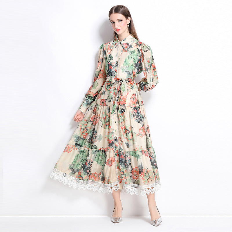 CM-DY040217 Women Elegant European Style Lapel Neckline Long Sleeve Floral Print Maxi Dress