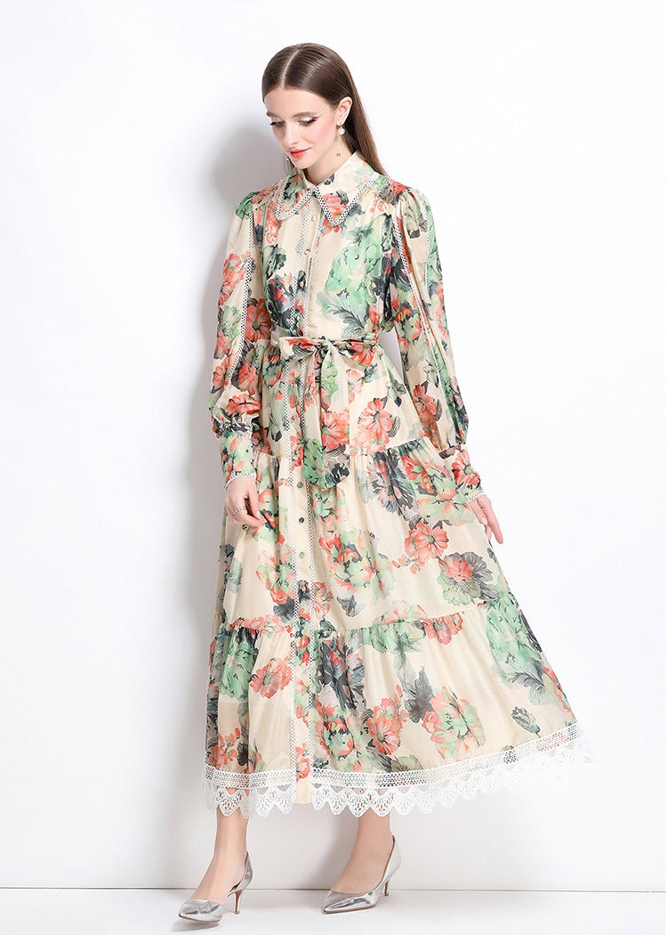 CM-DY040217 Women Elegant European Style Lapel Neckline Long Sleeve Floral Print Maxi Dress