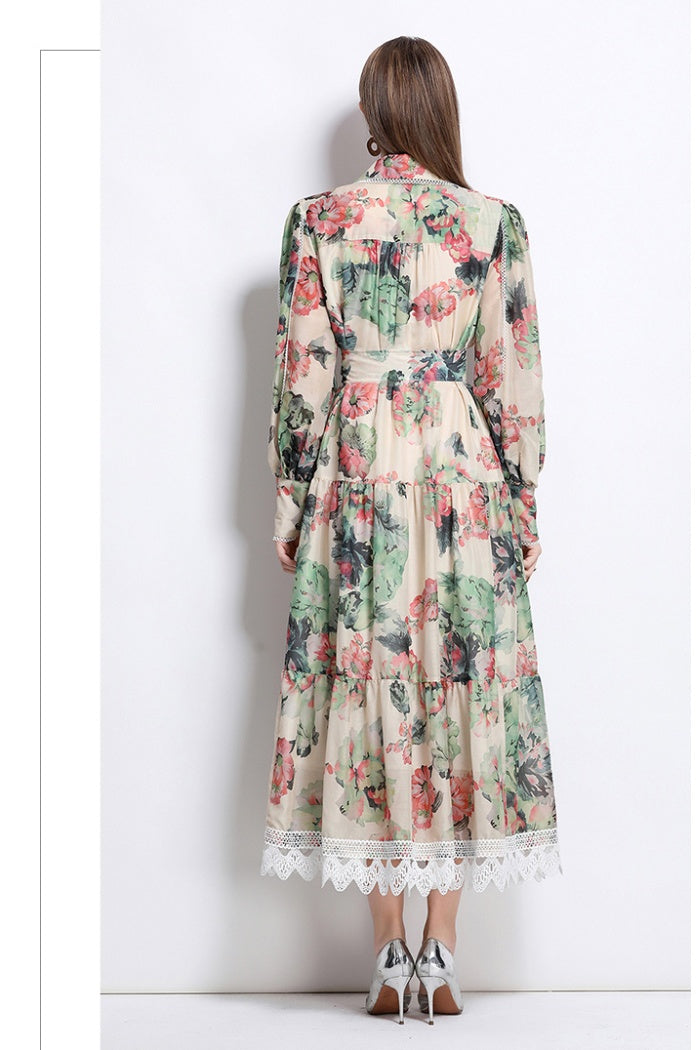 CM-DY040217 Women Elegant European Style Lapel Neckline Long Sleeve Floral Print Maxi Dress