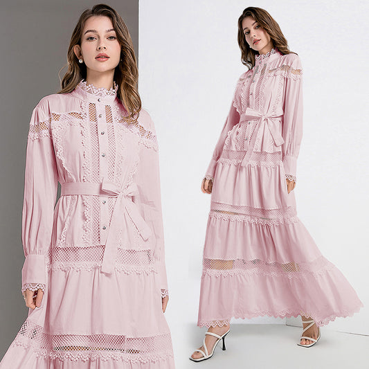 CM-DY040298 Women Elegant European Style Lace Stand Collar Long Sleeve Maxi Dress - Light Pink