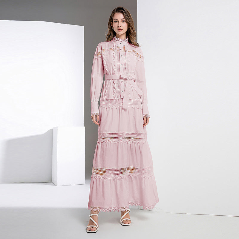 CM-DY040298 Women Elegant European Style Lace Stand Collar Long Sleeve Maxi Dress - Light Pink
