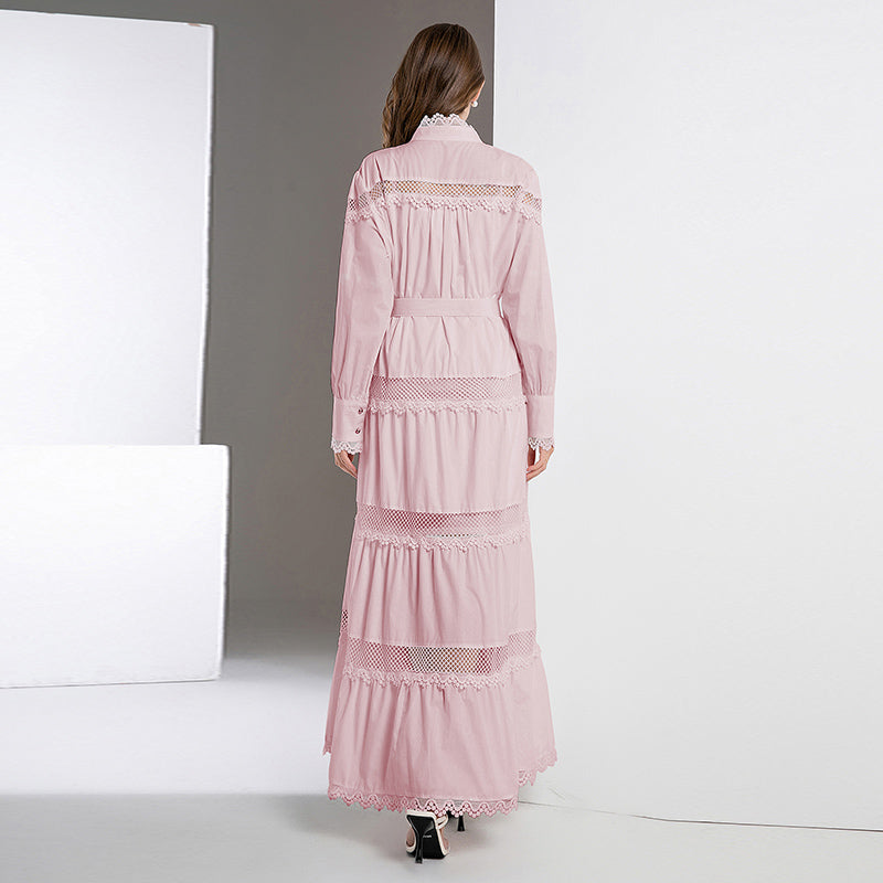 CM-DY040298 Women Elegant European Style Lace Stand Collar Long Sleeve Maxi Dress - Light Pink
