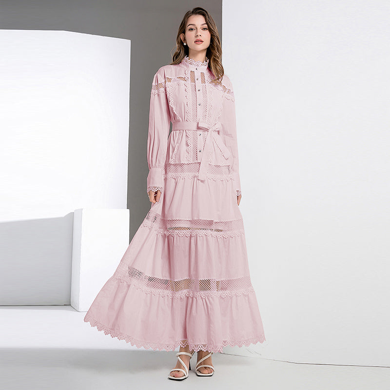 CM-DY040298 Women Elegant European Style Lace Stand Collar Long Sleeve Maxi Dress - Light Pink