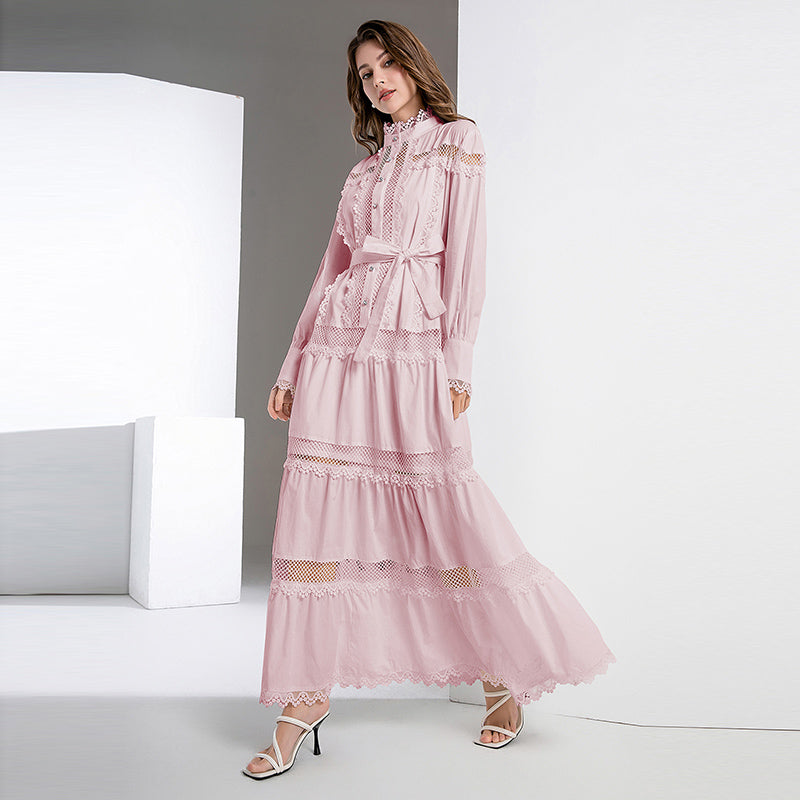 CM-DY040298 Women Elegant European Style Lace Stand Collar Long Sleeve Maxi Dress - Light Pink