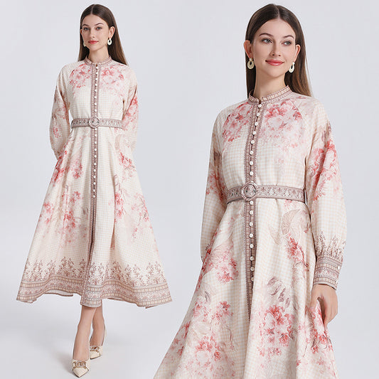 CM-DY040299 Women Elegant European Style Floral Print Stand Collar Long Sleeve Maxi Dress - Apricot