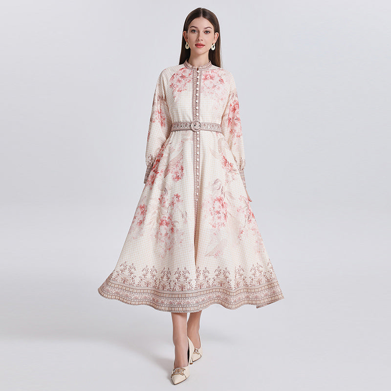 CM-DY040299 Women Elegant European Style Floral Print Stand Collar Long Sleeve Maxi Dress - Apricot