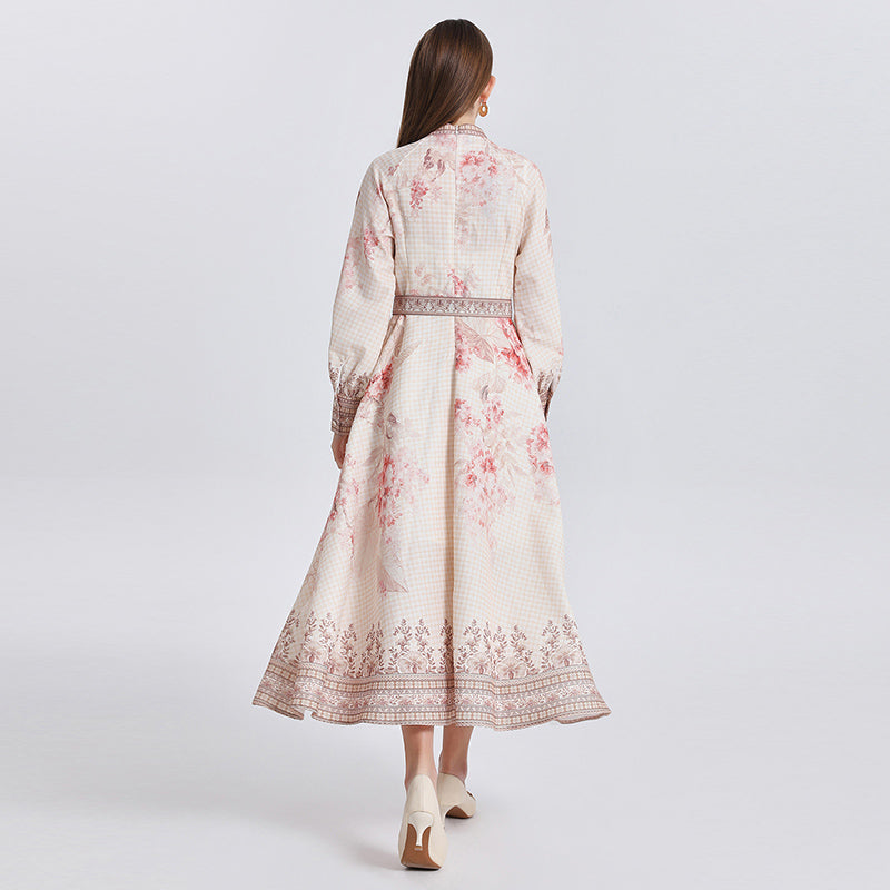 CM-DY040299 Women Elegant European Style Floral Print Stand Collar Long Sleeve Maxi Dress - Apricot