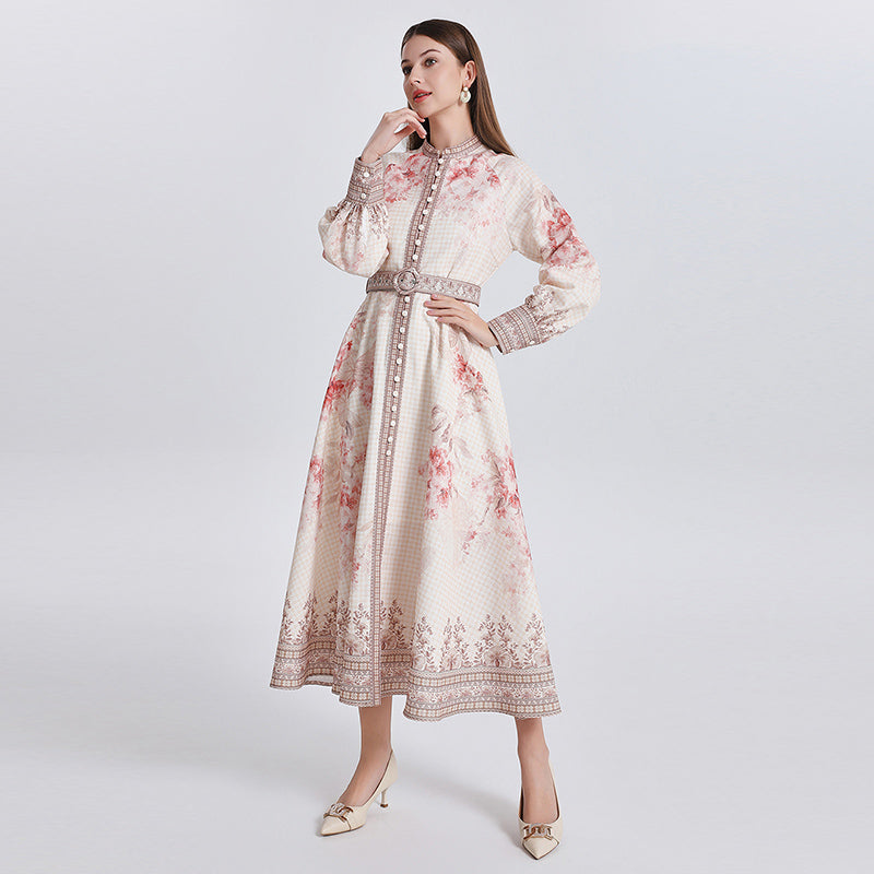 CM-DY040299 Women Elegant European Style Floral Print Stand Collar Long Sleeve Maxi Dress - Apricot