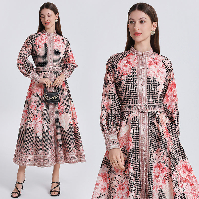 CM-DY040300 Women Retro European Style Stand Collar Lantern Sleeve Floral Print Dress