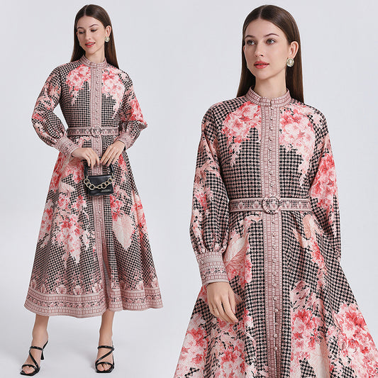 CM-DY040300 Women Retro European Style Stand Collar Lantern Sleeve Floral Print Dress