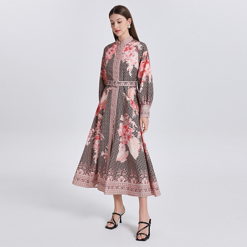 CM-DY040300 Women Retro European Style Stand Collar Lantern Sleeve Floral Print Dress