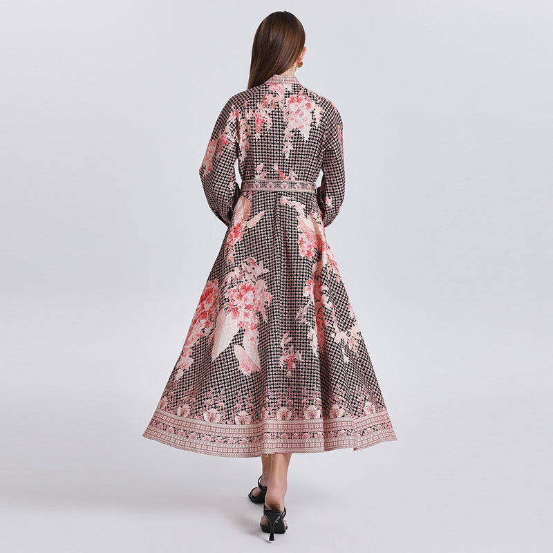 CM-DY040300 Women Retro European Style Stand Collar Lantern Sleeve Floral Print Dress