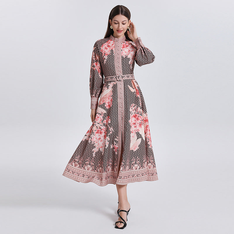 CM-DY040300 Women Retro European Style Stand Collar Lantern Sleeve Floral Print Dress