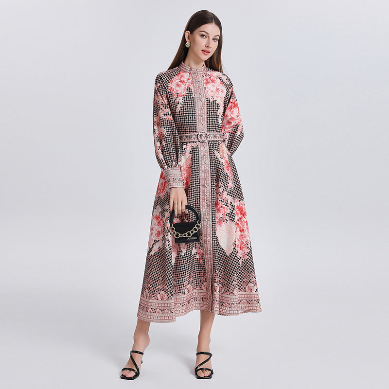 CM-DY040300 Women Retro European Style Stand Collar Lantern Sleeve Floral Print Dress