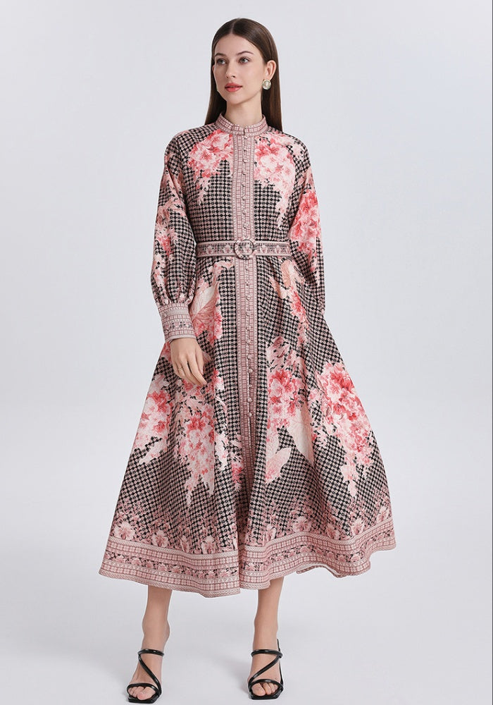 CM-DY040300 Women Retro European Style Stand Collar Lantern Sleeve Floral Print Dress