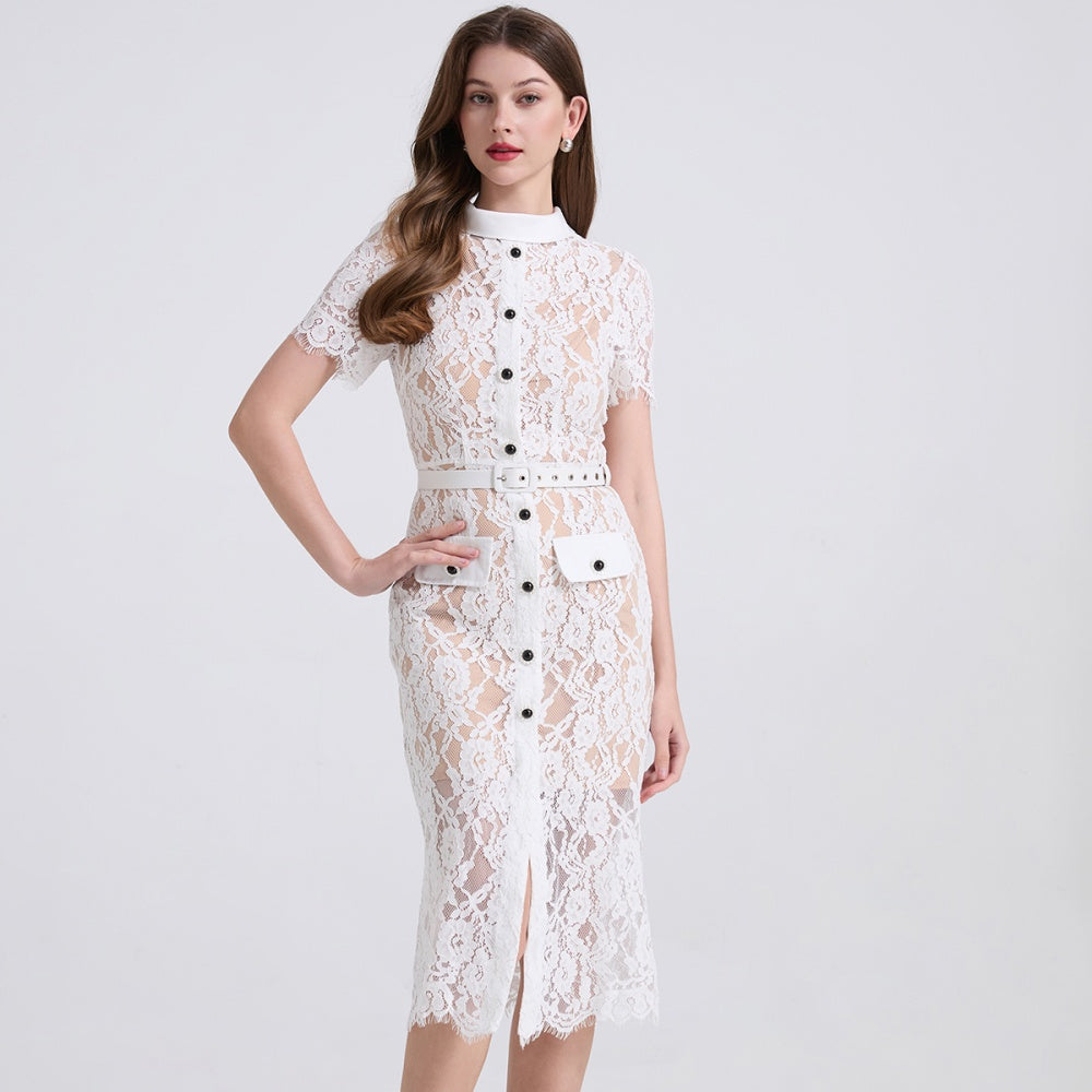 CM-DY040334 Women Elegant European Style Double Collar Short Sleeve High Waist Dress - White