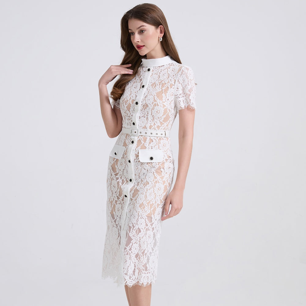 CM-DY040334 Women Elegant European Style Double Collar Short Sleeve High Waist Dress - White