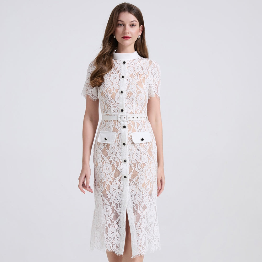 CM-DY040334 Women Elegant European Style Double Collar Short Sleeve High Waist Dress - White