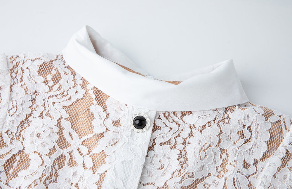 CM-DY040334 Women Elegant European Style Double Collar Short Sleeve High Waist Dress - White