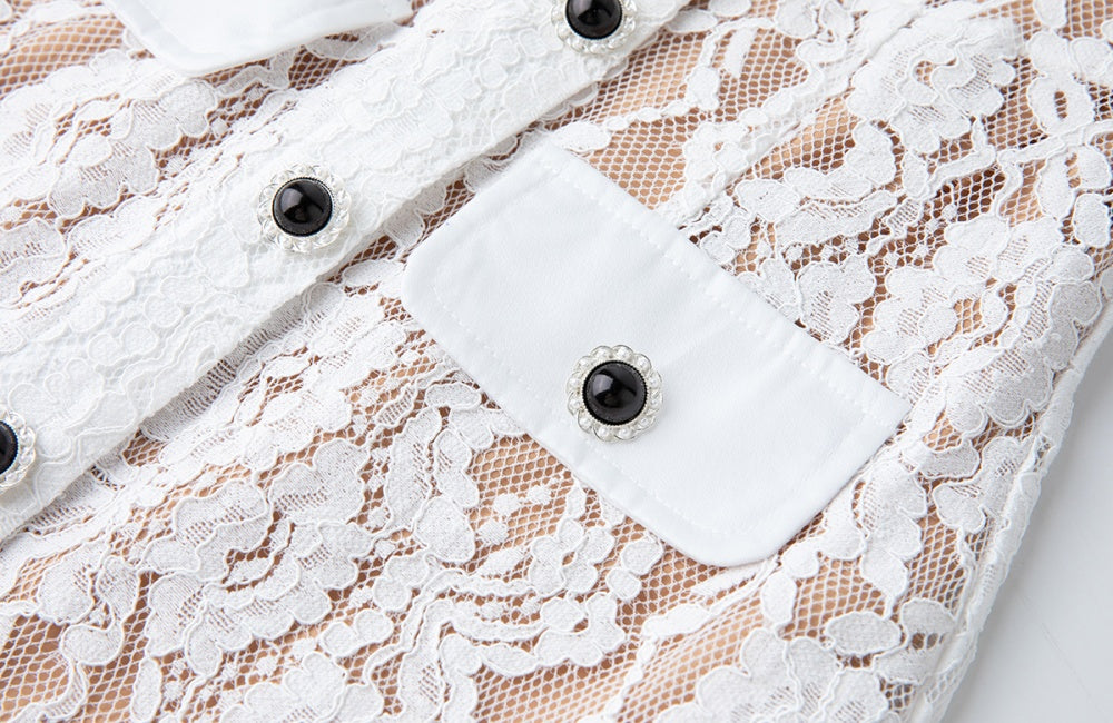 CM-DY040334 Women Elegant European Style Double Collar Short Sleeve High Waist Dress - White