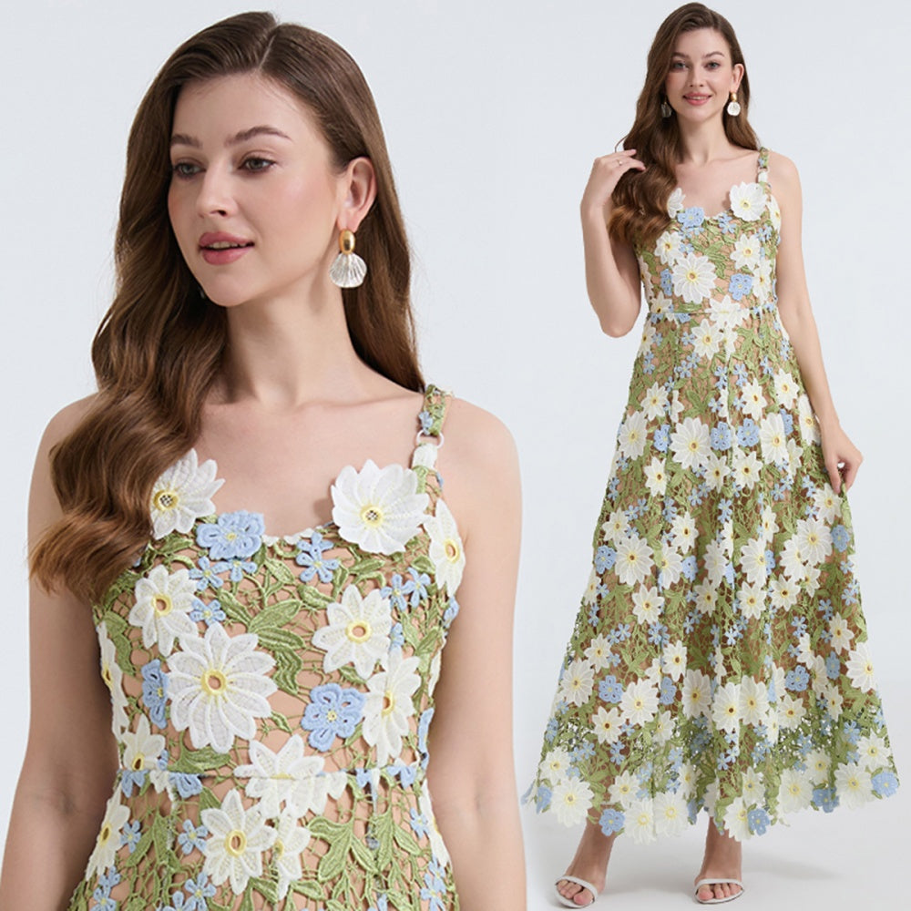 CM-DY040335 Women Elegant European Style Embroidered Hollow-Out Sleeveless A-Line Dress - Green