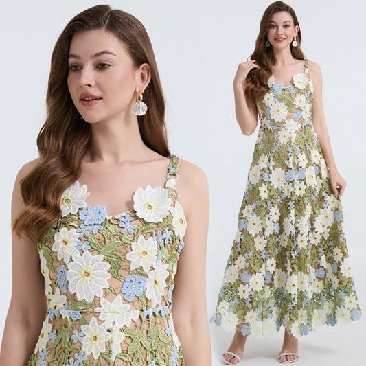 CM-DY040335 Women Elegant European Style Embroidered Hollow-Out Sleeveless A-Line Dress - Green