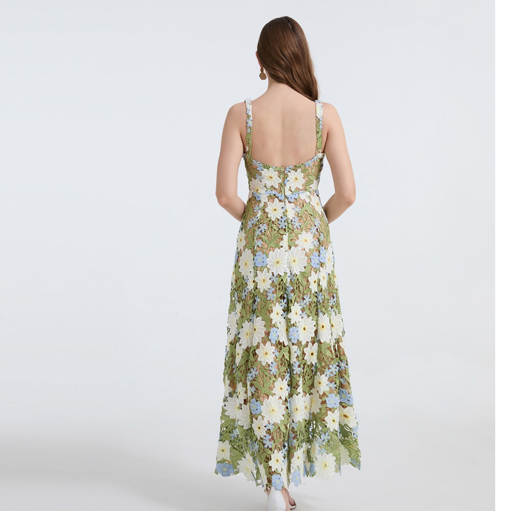 CM-DY040335 Women Elegant European Style Embroidered Hollow-Out Sleeveless A-Line Dress - Green