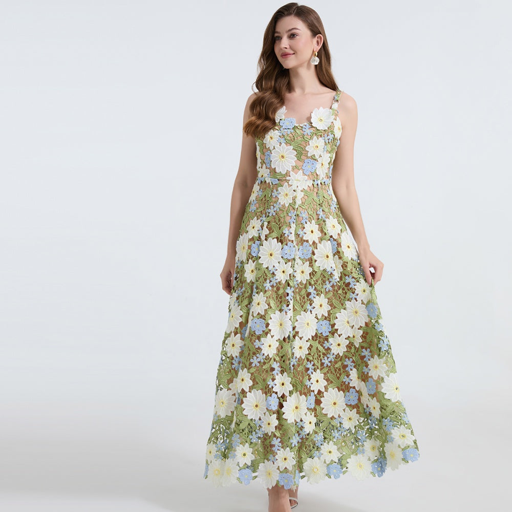 CM-DY040335 Women Elegant European Style Embroidered Hollow-Out Sleeveless A-Line Dress - Green