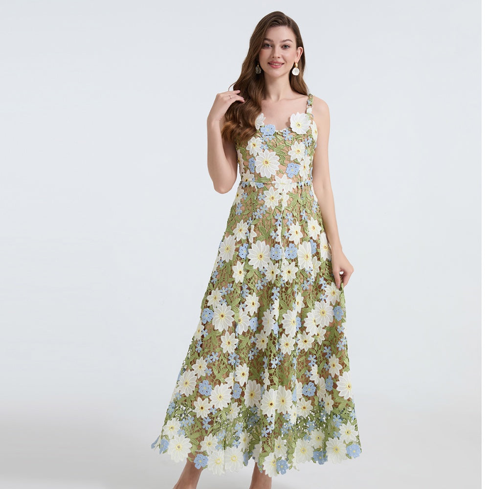 CM-DY040335 Women Elegant European Style Embroidered Hollow-Out Sleeveless A-Line Dress - Green