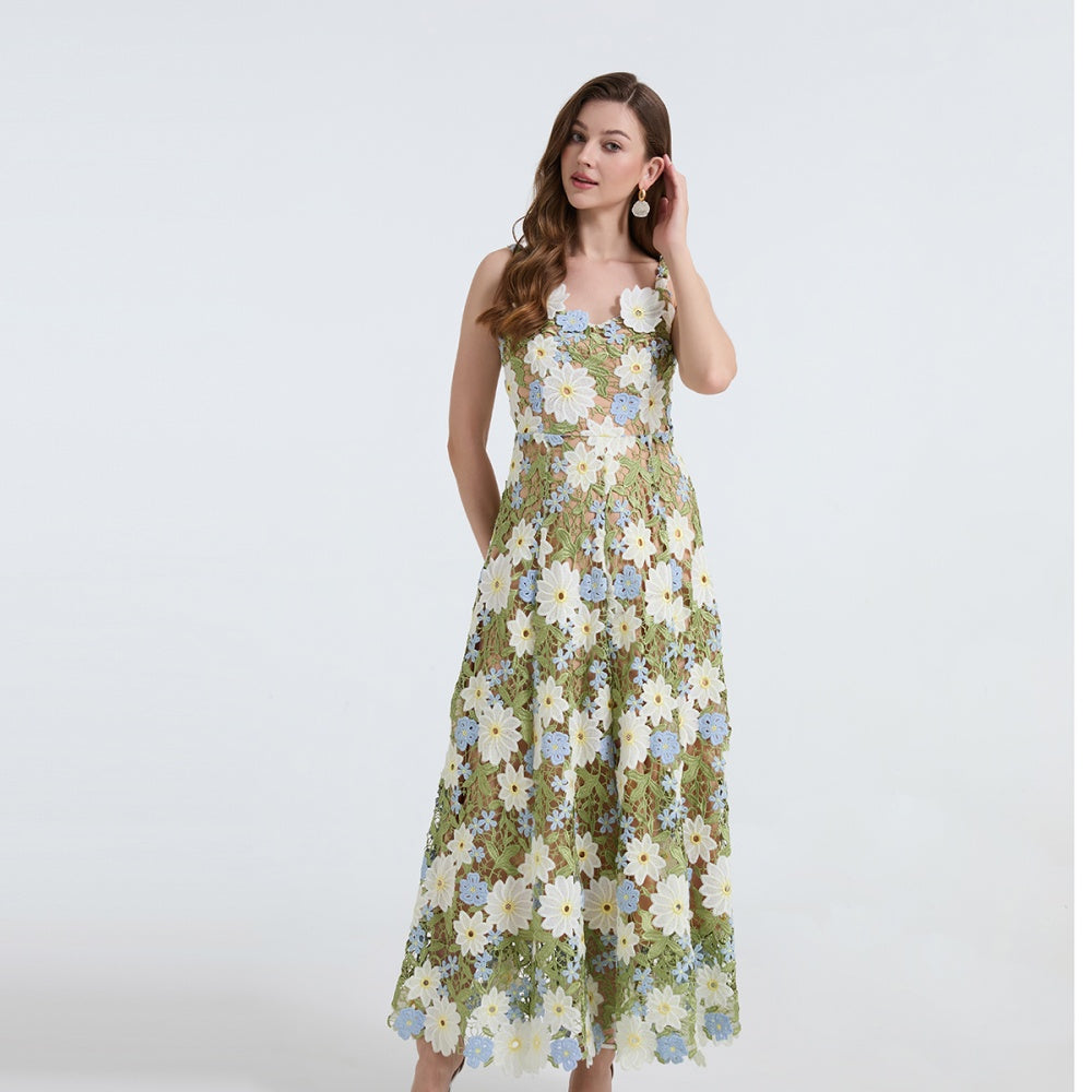 CM-DY040335 Women Elegant European Style Embroidered Hollow-Out Sleeveless A-Line Dress - Green