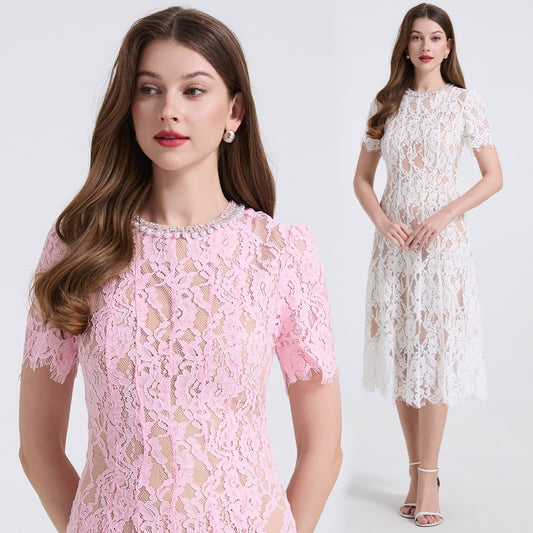 CM-DY040337 Women Elegant European Style Round Neck Short Sleeve A-Line Midi Dress (Available in 2 colors)