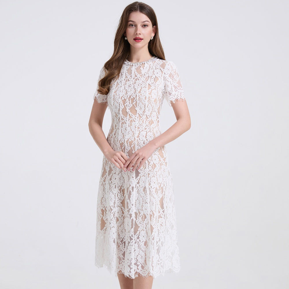 CM-DY040337 Women Elegant European Style Round Neck Short Sleeve A-Line Midi Dress (Available in 2 colors)