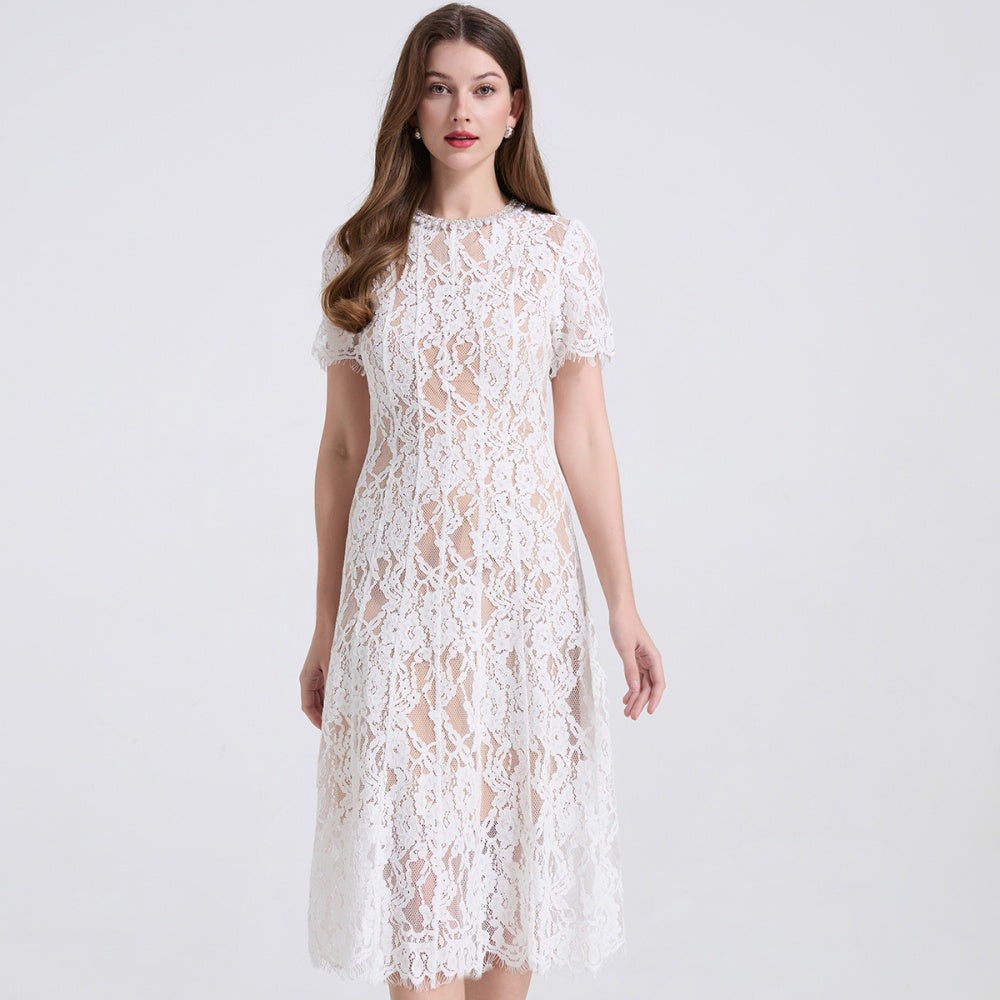 CM-DY040337 Women Elegant European Style Round Neck Short Sleeve A-Line Midi Dress (Available in 2 colors)