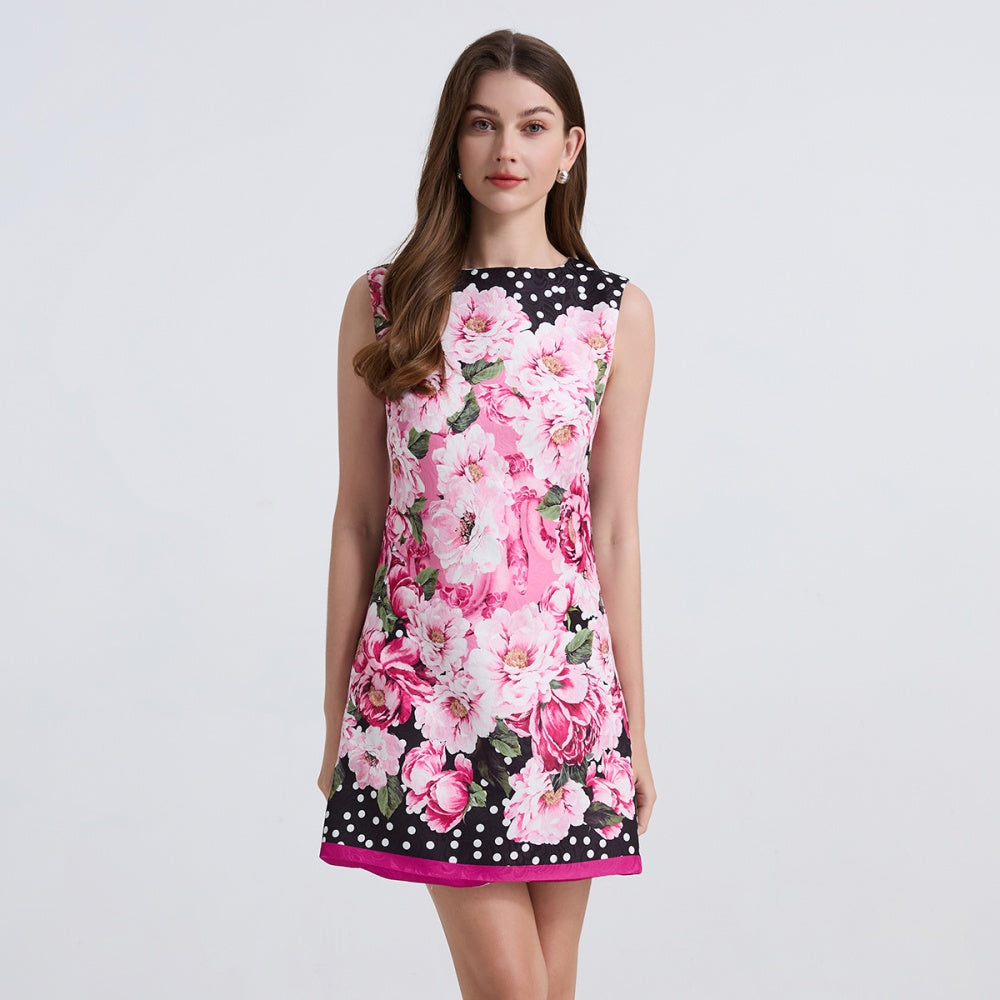 CM-DY040339 Women Elegant Seoul Style Polka Dot Sleeveless Jacquard Slim Peony Mini Dress