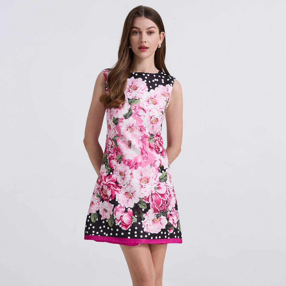 CM-DY040339 Women Elegant Seoul Style Polka Dot Sleeveless Jacquard Slim Peony Mini Dress