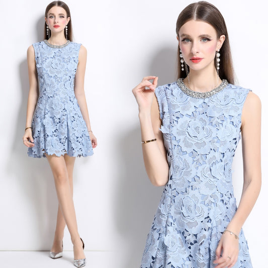 CM-DY040340 Women Elegant European Style Round Neck Sleeveless Lace Hollow Mini Dress - Blue