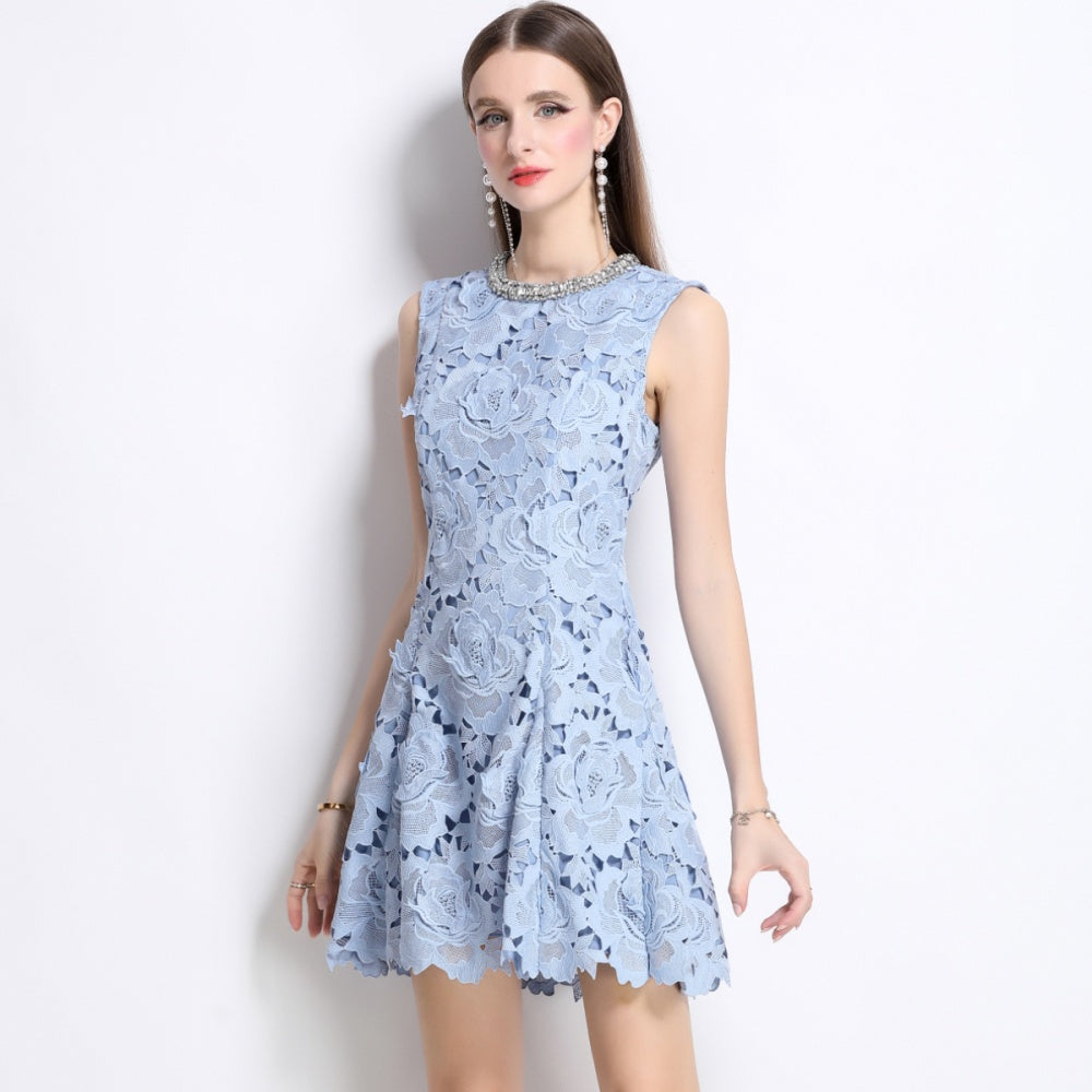 CM-DY040340 Women Elegant European Style Round Neck Sleeveless Lace Hollow Mini Dress - Blue