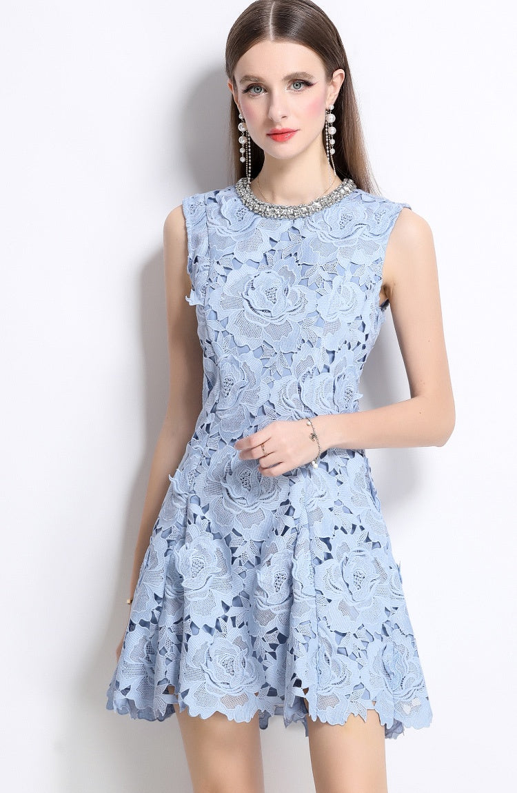 CM-DY040340 Women Elegant European Style Round Neck Sleeveless Lace Hollow Mini Dress - Blue