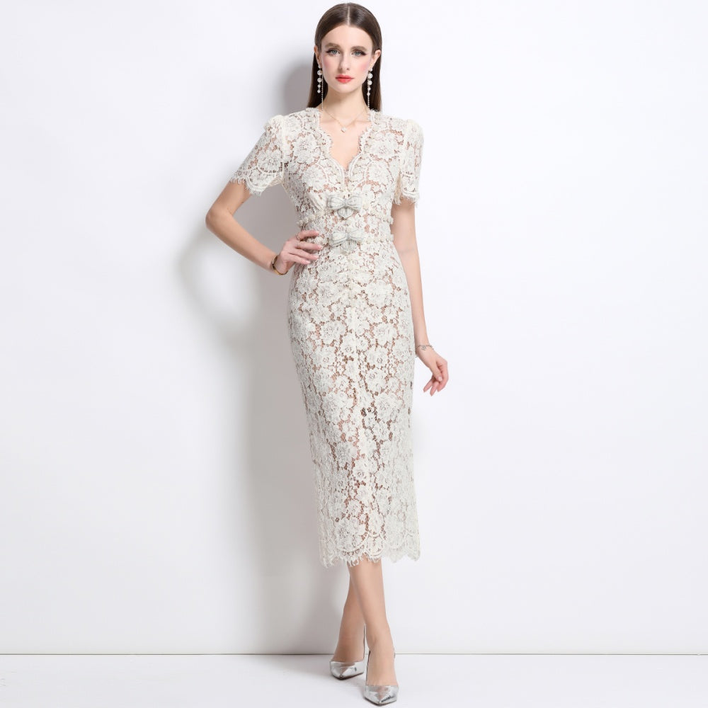 CM-DY040341 Women Elegant European Style V-Neck Short Sleeve Pinched Waist Single-Breasted Dress