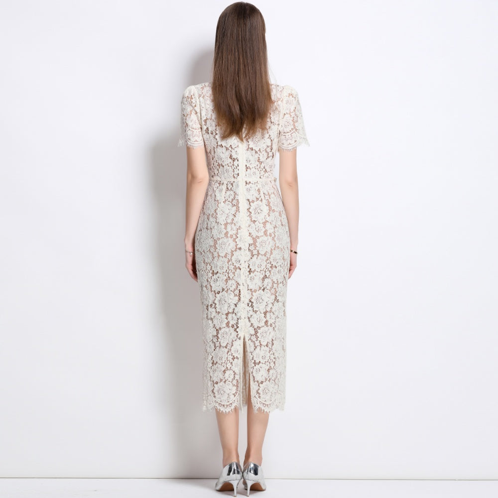 CM-DY040341 Women Elegant European Style V-Neck Short Sleeve Pinched Waist Single-Breasted Dress