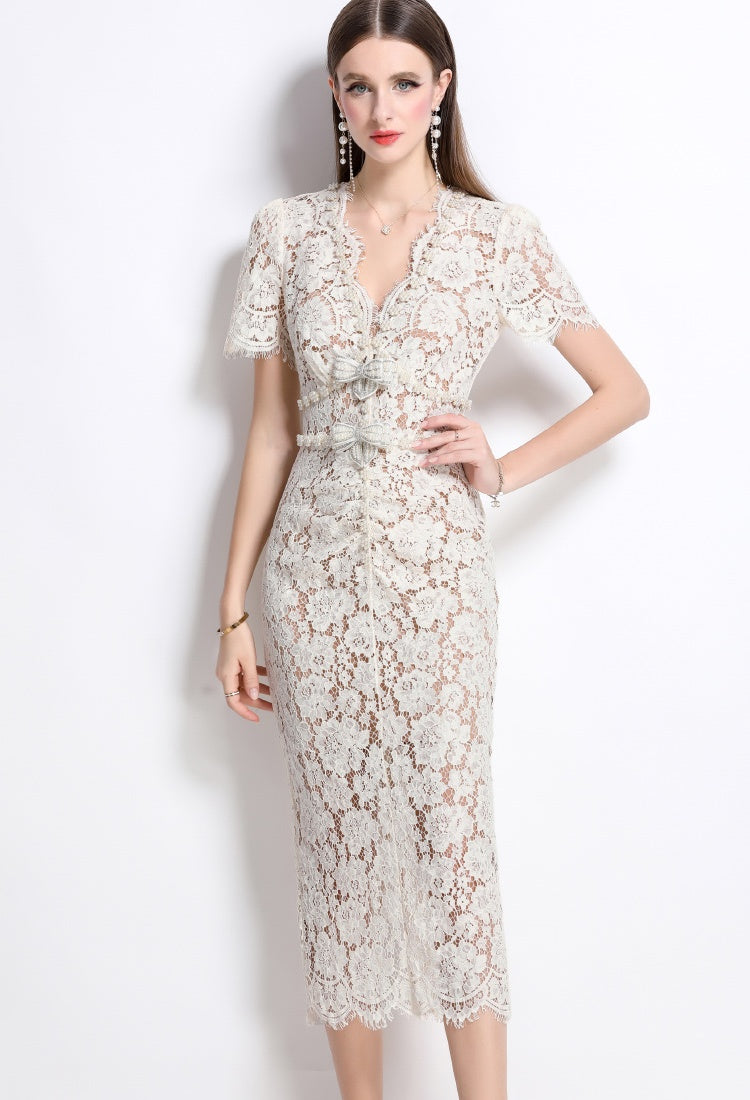 CM-DY040341 Women Elegant European Style V-Neck Short Sleeve Pinched Waist Single-Breasted Dress