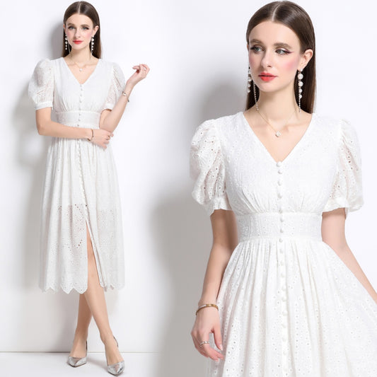 CM-DY040343 Women Elegant European Style V-Neck Short Sleeve Single-Breasted Dress - White