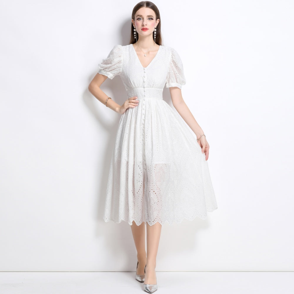 CM-DY040343 Women Elegant European Style V-Neck Short Sleeve Single-Breasted Dress - White