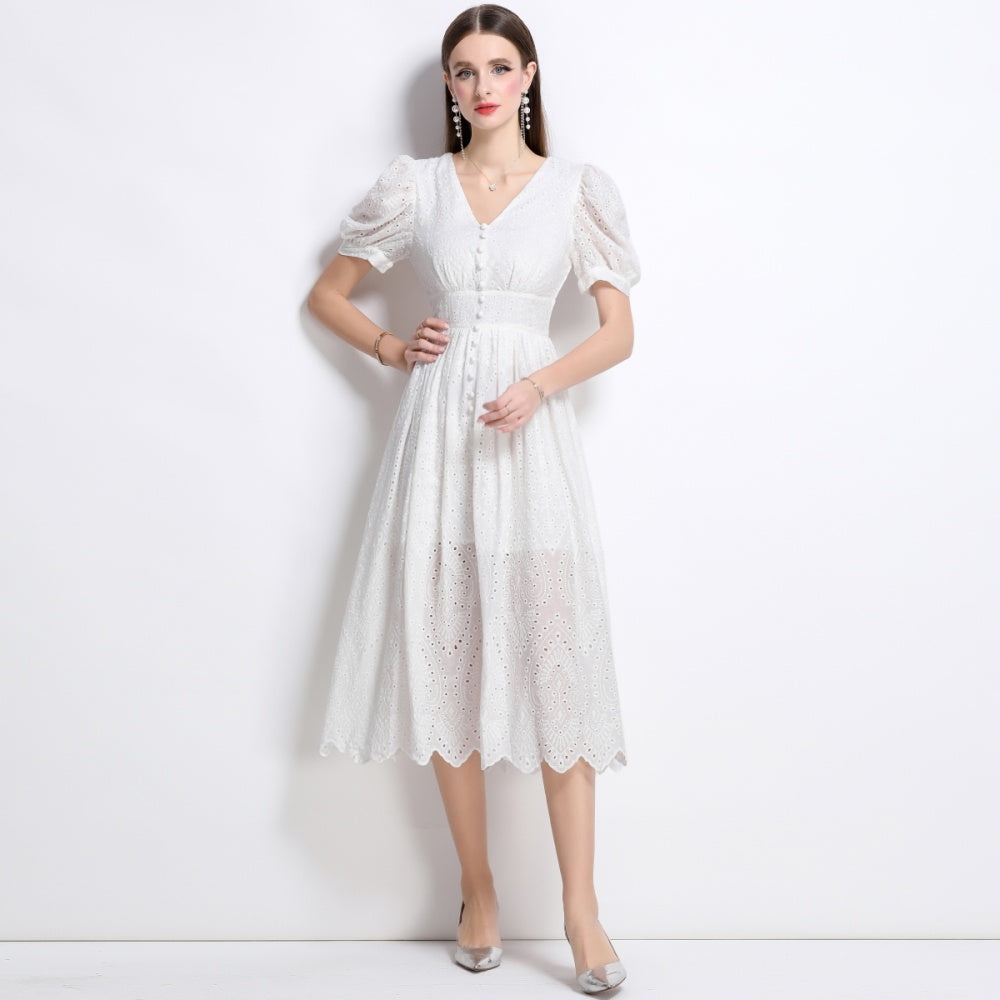 CM-DY040343 Women Elegant European Style V-Neck Short Sleeve Single-Breasted Dress - White